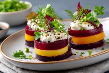 Beetroot and yellow tomato stacks with goat cheese and dill dressing