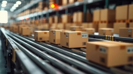 Cardboard boxes travel on a conveyor belt system inside a busy warehouse for logistics.