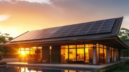 Obraz premium A modern home with solar panels on the roof during a vibrant sunset, promoting eco-friendly living.