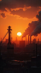 Fototapeta premium Industrial skyline during sunset with smoke stacks and machinery 