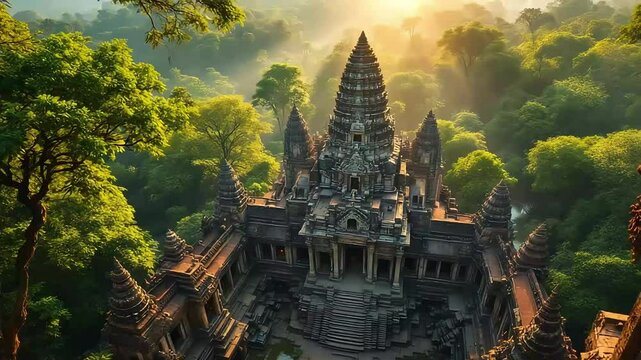 Breathtaking aerial view of angkor wat temple in lush green jungle landscape