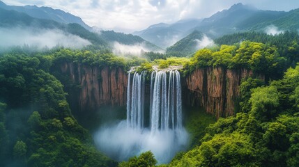 Fototapeta premium A majestic waterfall plunges into a lush valley, surrounded by dense, vibrant green forests.