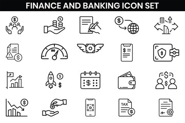 Business, finance and Banking  icons set. cash, saving, financial goal, profit, budget, earning money, Containing bank, deposit, investment, and banking service, Outline icons design
