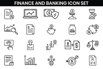 Business, finance and Banking  icons set. cash, saving, financial goal, profit, budget, earning money, Containing bank, deposit, investment, and banking service, Outline icons design