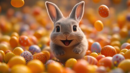 A cheerful, smiling Easter bunny surrounded by vibrantly colored eggs, celebrating spring.