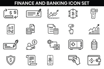 Business, finance and Banking  icons set. cash, saving, financial goal, profit, budget, earning money, Containing bank, deposit, investment, and banking service, Outline icons design