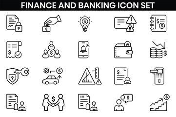 Business, finance and Banking  icons set. cash, saving, financial goal, profit, budget, earning money, Containing bank, deposit, investment, and banking service, Outline icons design