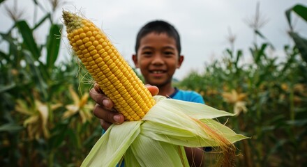 Proud young farmer displaying freshly harvested corn in the field outdoors