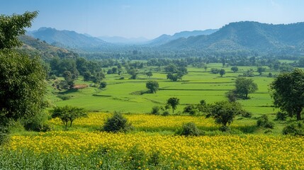 Fototapeta premium A captivating view of a countryside, blending yellow flowers and green fields with distant hills.