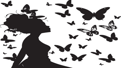 Black woman silhouette with flying butterflies