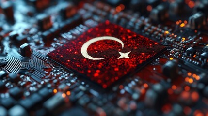The Turkish flag is integrated on a computer chip, symbolizing digital innovation.