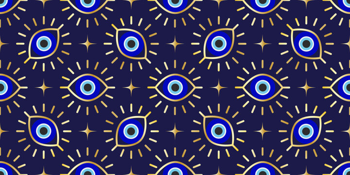 Evil eye seamless pattern. Turkish vector background with blue beads and magic nazar. Mystic Greek amulet is the symbol of protection and luck. Arabic and Mediterranean ethnic wallpaper