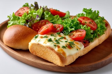 Delicious sandwich with melted cheese, tomatoes, lettuce and herbs on wooden plate