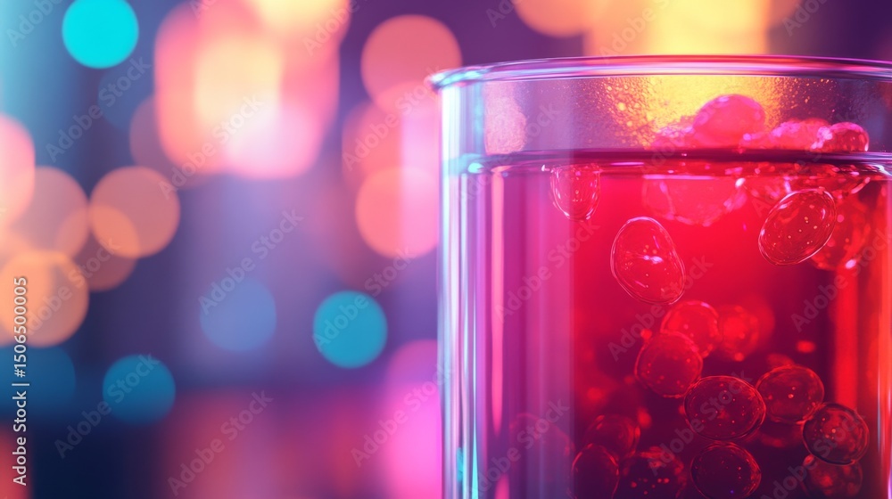 Poster stem cells cultivated in red growth medium inside culture jar with microscopic view of cell structur