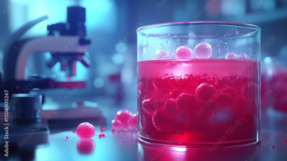 Poster stem cells cultivated in red growth medium inside culture jar with microscopic view of cell structur
