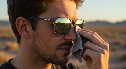 Man meticulously cleaning sunglasses on desert journey at golden hour light