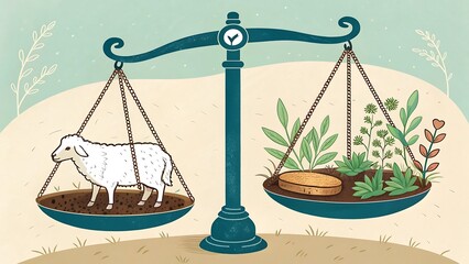 Illustration of Balance Scales Sheep on One Side and Plants Bread on the Other