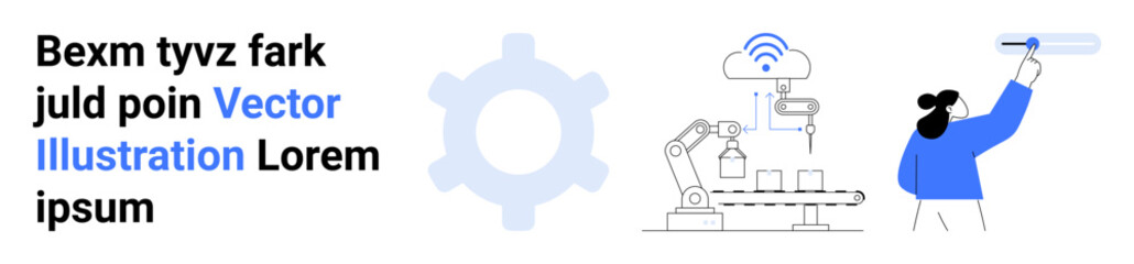 Robotic arm builds on conveyor belt, large gear element. Worker interacts with system. Ideal for automation, technology, innovation, manufacturing, teamwork, smart production simple landing page