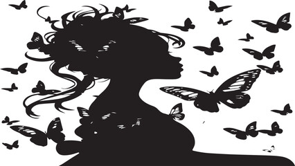 Black woman silhouette with flying butterflies