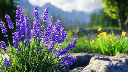 Obraz premium Vibrant cluster of purple lavender blooms amidst lush greenery and rocky terrain, evoking serene and tranquil atmosphere