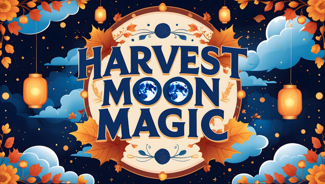 Harvest Moon Magic design featuring autumn leaves, lanterns, and a celestial moon against a dark blue night sky. Perfect for fall events or seasonal celebrations.