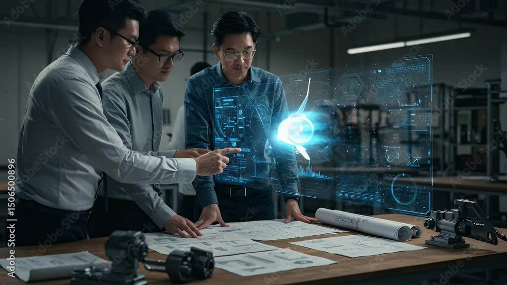 Aufkleber team of engineers collaborating on a futuristic plane design project, using augmented reality techno