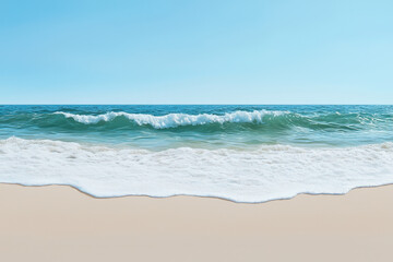 Serene beach scene featuring gentle waves lapping at shore under clear blue sky, evoking sense of calm and relaxation