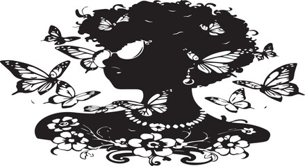 Black woman silhouette with flying butterflies