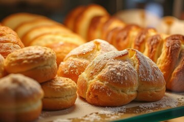 Various pastries displayed on a glass counter.