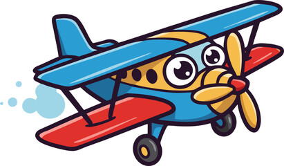 Small plane flying Logo. Cute Cartoon Biplane with Funny Face and Propeller