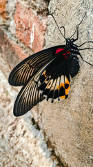 Vertical macro shot of vibrant black butterfly with red, yellow, and white wings resting on a textured wall, perfect for nature, science, or educational content.