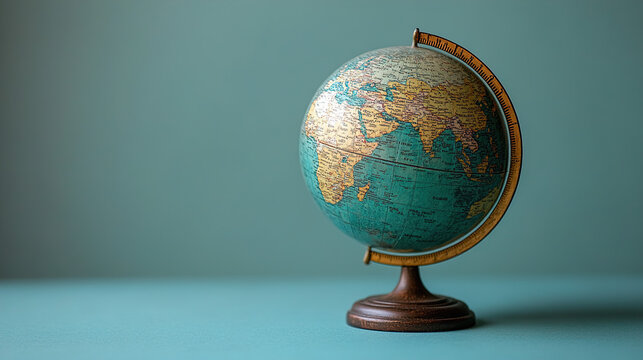 Miniature globe on a stand featuring a detailed tiny world map, isolated on a vibrant blue background. Soft lighting enhances the globe&rsquo;s colors and textures, creating a crisp and elegant ai