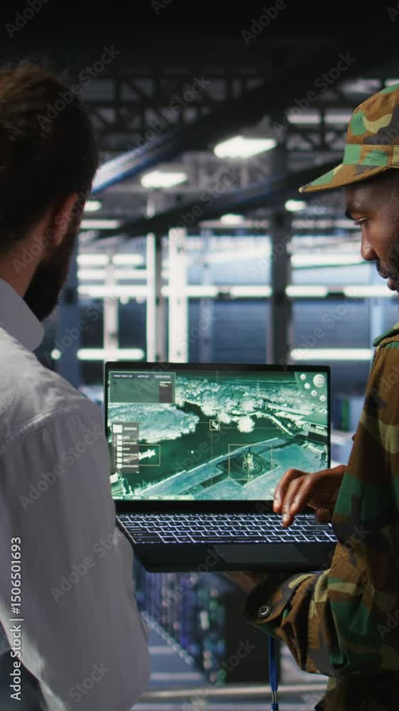 Poster vertical video drone operators in military data center supervising autonomous flight systems through
