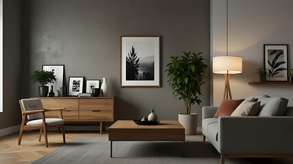 Fototapeta premium Modern living room featuring a gray wall, wooden furniture