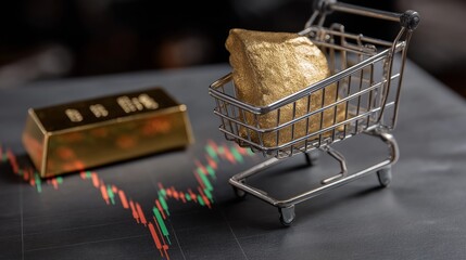 Concept for investing on Gold as safe haven; Gold bar on trolley with gold price candlestick chart in the background.