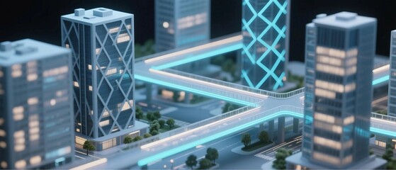 Fototapeta premium Futuristic Smart City with Neon Skywalks – 3D Concept Illustration