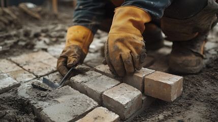 Construction Worker Laying Bricks