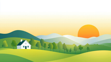 Obraz premium Tranquil sunset over rolling hills showcases serene countryside landscape with charming house nestled among trees