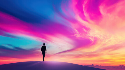 Surreal figure walks on glowing horizon under vibrant skies, evoking sense of wonder and tranquility