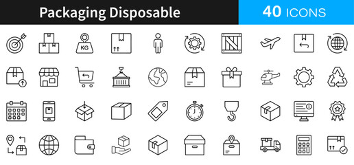 Minimalist Packaging Disposable lineal icon set. Packaging Disposable 40 lineal icon, minimalist, icon, packaging, design, vector, disposable, set, lineal, illustration, graphic, outline, modern, more