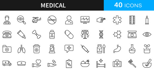 Minimalist Medical lineal icon set. Medical 40 icon,medical,icon,health,doctor,clinic,hospital,medicine,healthcare,minimalist,lineal,symbol,stethoscope,cross,pill,ambulance,nurse,pharmacy, design.