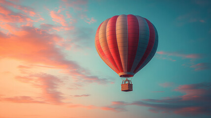 Fototapeta premium Miniature hot air balloon featuring tiny baskets suspended against a clear sky background. Soft natural lighting enhances the delicate details and vibrant colors for a whimsical, airy miniature scene.