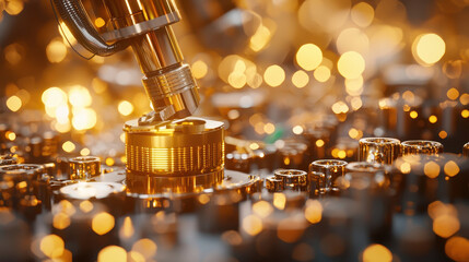 Close up of metallic component being processed manufacturing setting, showcasing intricate details and warm golden glow