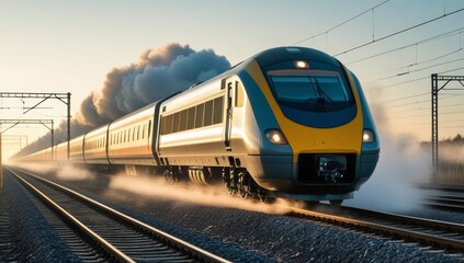 Obraz premium High speed train moving dynamically through the rails with a cloudy backdrop