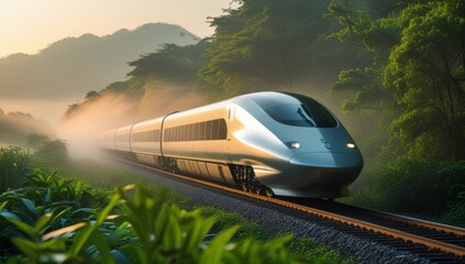 Naklejka premium High-Speed Train Journey Through Lush Green Landscape at Sunrise or Sunset