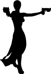 Silhouette of an armed female warrior running with a weapon. Dynamic silhouette of a strong female warrior running with a pistol in hand. Girl with gun in action, combat pose, sci-fi hero silhouette
