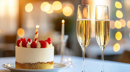 Beautiful anniversary celebration featuring cake adorned with raspberries, champagne glasses, and warm candlelight ambiance