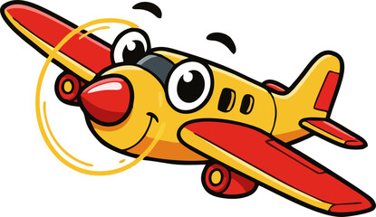 Small Plane flying Logo. Cute Cartoon Biplane with Funny Face and Propeller