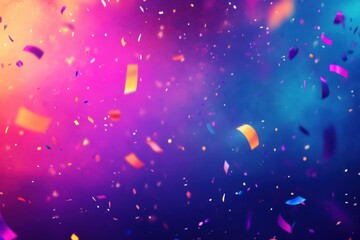 Colorful confetti falling on vibrant background festive celebration vibe. A colorful background with many small gold and blue circles.