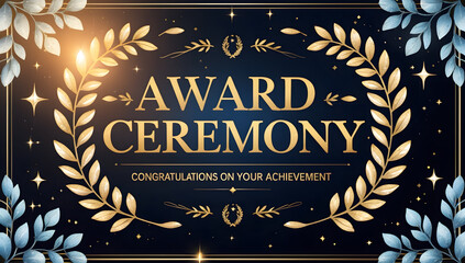 Elegant award ceremony invitation. Gold laurel wreaths and stars on a dark blue background. Congratulatory message included. Perfect for formal events.
